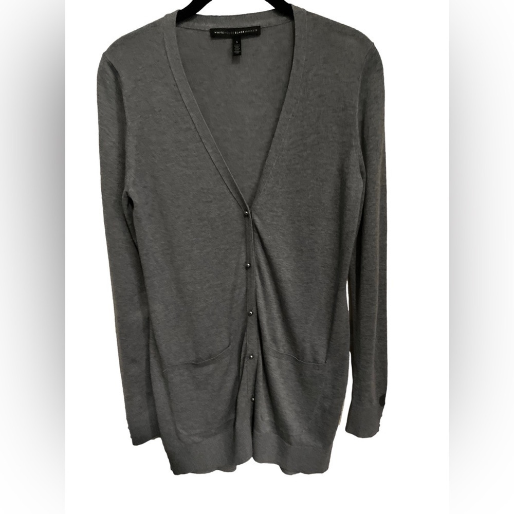 WHBM Sweet Grey Long Wool Blend Synched Waist Cardigan w Dragees Button Closure
